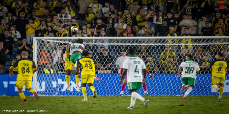 Professional World Cup soccer teams playing near a goal, with the audience in the stands behind them