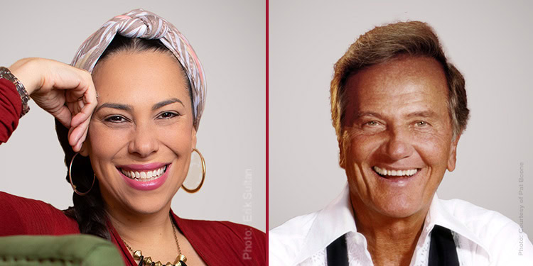 Portraits of Yael Eckstein and Pat Boone side by side.