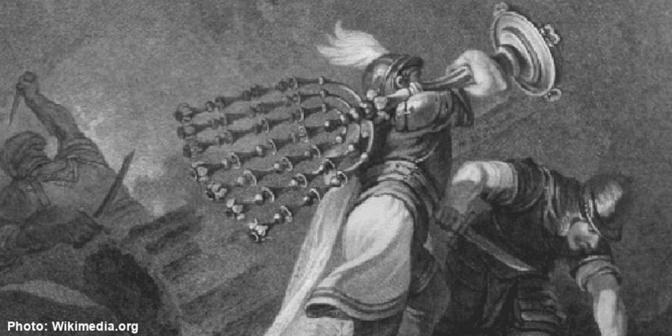 Engraving of Antiochus carrying a large stolen menorah. (1 Maccabees 1:21-24)
Source: Wikimedia